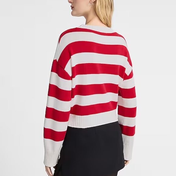 Express Relaxed Striped Crew Neck Pocket Sweater in Red and White NWT - Picture 4 of 14